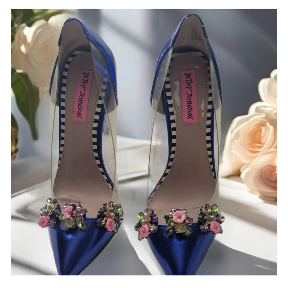 Betsey Johnson Metallic Blue Pointed Heels with Pink Floral Gems